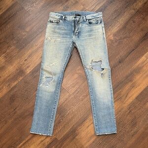 Saint Laurent Light Blue Distressed Men's Slim Fit Jeans